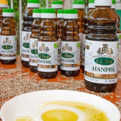 Flaschen mit Hanföl stehen auf einem Tisch hinter einem Teller mit etwas Öl darauf