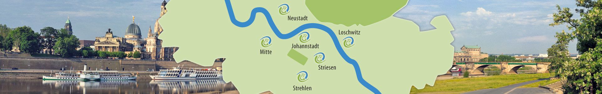 Grün gefärbter Umriss der Stadt Dresden mit eingezeichneten Logos der Verbrauchergemeinschaft zeigt die Standorte der VG-Biomärkte. Im Hintergrund die Elbsicht der Altstadt von Dresden