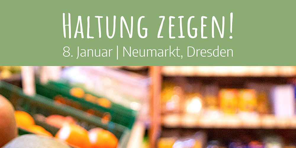Ein grünes Banner mit der Aufschrift Haltung Zeigen! 8. Januar Neumarkt, Dresden