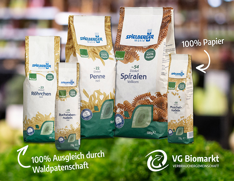 Bio-Dinkelnudeln der Spielberger Mühle in Papierverpackung