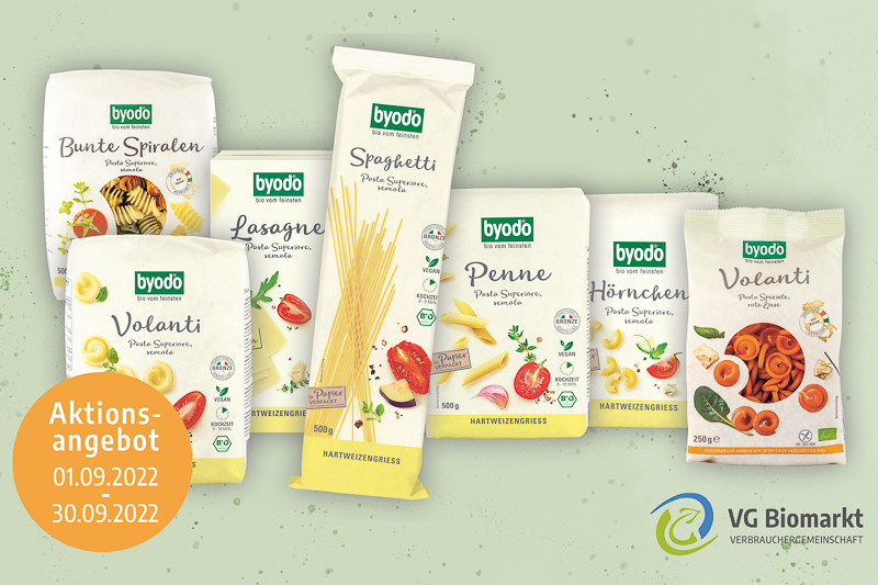 Darstellungen von Sorten Byodo Nudeln und Logo der VG Verbrauchergemeinschaft eG. Enthält Text: Aktionsangebot 01.09.2022-30.09.2022.